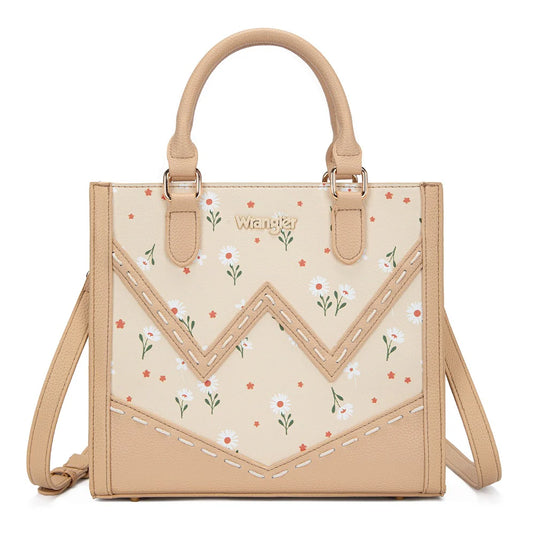 WG481-8126TN - Wrangler Daisy Print Chevron Tote Crossbody Bag - Tan