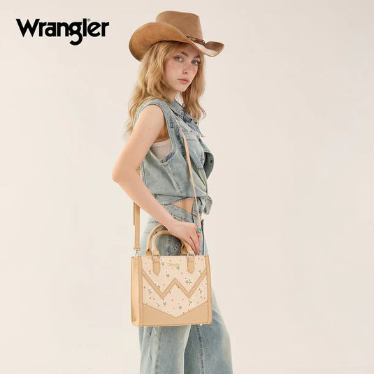 WG481-8126TN - Wrangler Daisy Print Chevron Tote Crossbody Bag - Tan