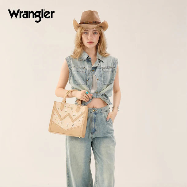 Load image into Gallery viewer, WG481-8126TN - Wrangler Daisy Print Chevron Tote Crossbody Bag - Tan
