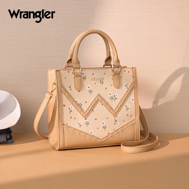 Load image into Gallery viewer, WG481-8126TN - Wrangler Daisy Print Chevron Tote Crossbody Bag - Tan
