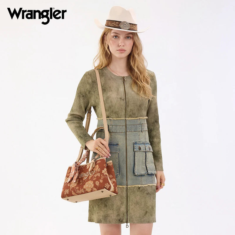 Load image into Gallery viewer, WG510-8130BR - Wrangler Floral Printed Braided Scarf Tote/Crossbody Bag - Brown
