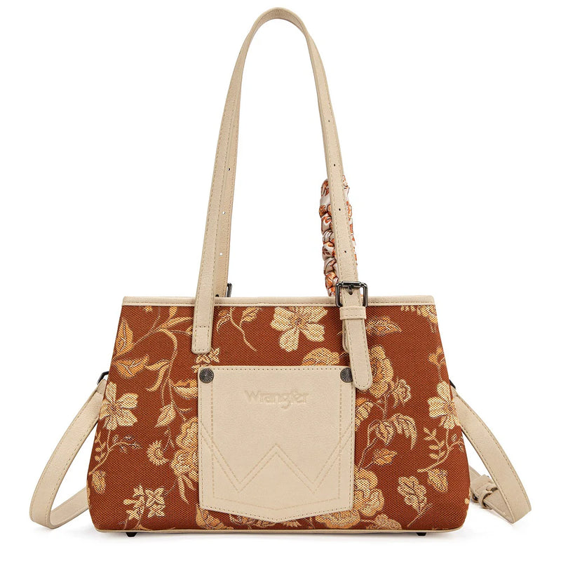 Load image into Gallery viewer, WG510-8130BR - Wrangler Floral Printed Braided Scarf Tote/Crossbody Bag - Brown
