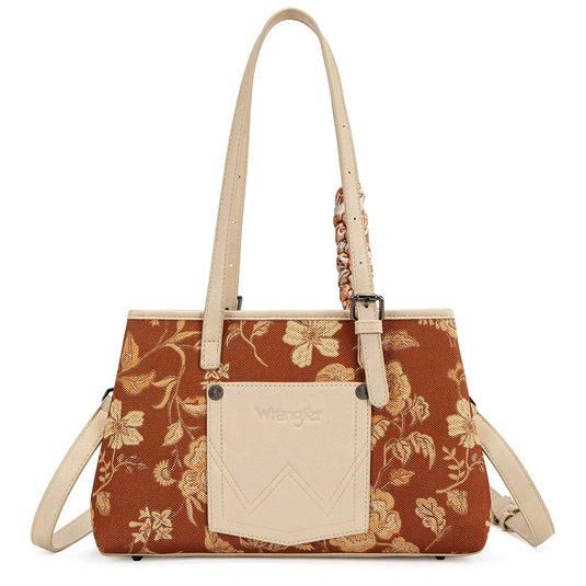 WG510-8130BR - Wrangler Floral Printed Braided Scarf Tote/Crossbody Bag - Brown