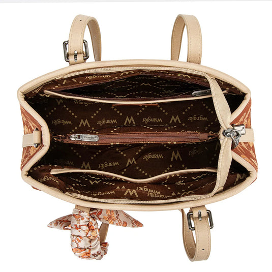 WG510-8130BR - Wrangler Floral Printed Braided Scarf Tote/Crossbody Bag - Brown