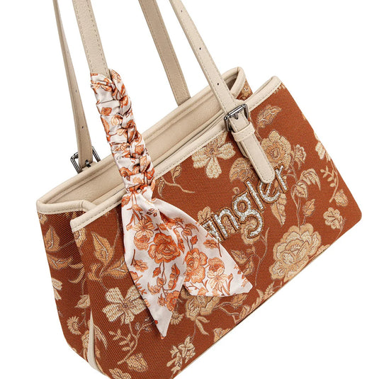 WG510-8130BR - Wrangler Floral Printed Braided Scarf Tote/Crossbody Bag - Brown