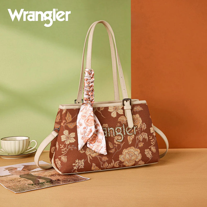 Load image into Gallery viewer, WG510-8130BR - Wrangler Floral Printed Braided Scarf Tote/Crossbody Bag - Brown
