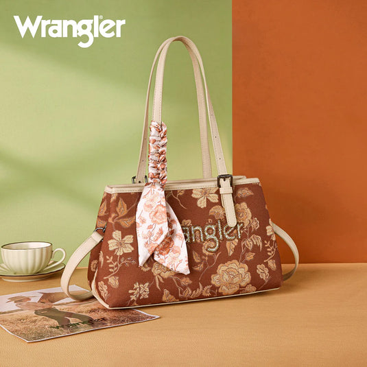 WG510-8130BR - Wrangler Floral Printed Braided Scarf Tote/Crossbody Bag - Brown