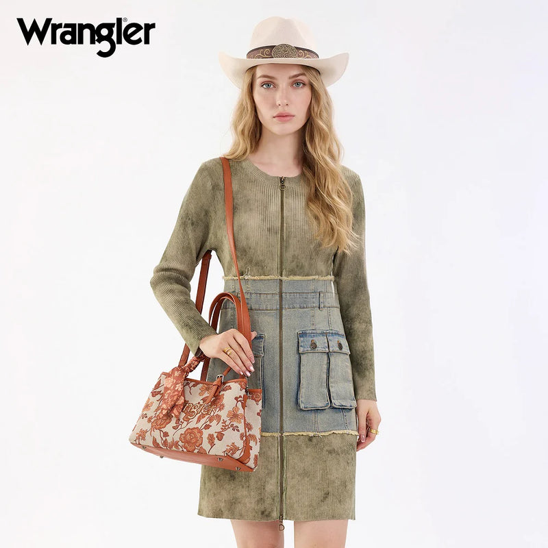 Load image into Gallery viewer, WG510-8130DBR - Wrangler Floral Printed Braided Scarf Crossbody Bag - Dark Brown
