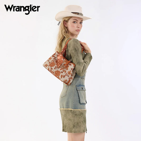 WG510-8130DBR - Wrangler Floral Printed Braided Scarf Crossbody Bag - Dark Brown