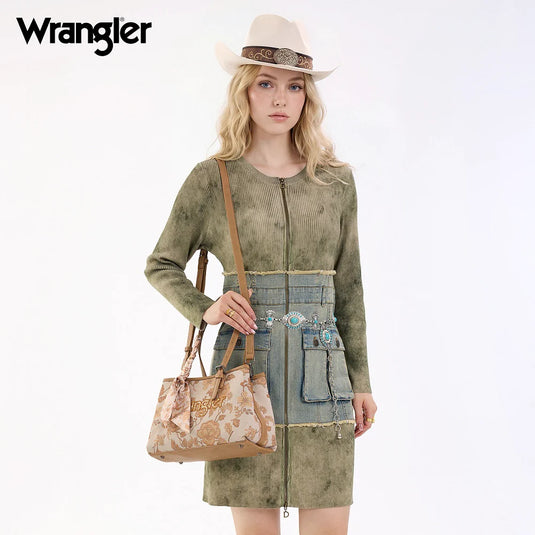WG510-8130GD - Wrangler Floral Printed Braided Scarf Crossbody Bag - Gold