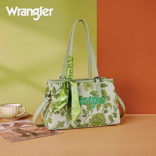 WG510-8130GN - Wrangler Floral Printed Braided Scarf Crossbody Bag - Green