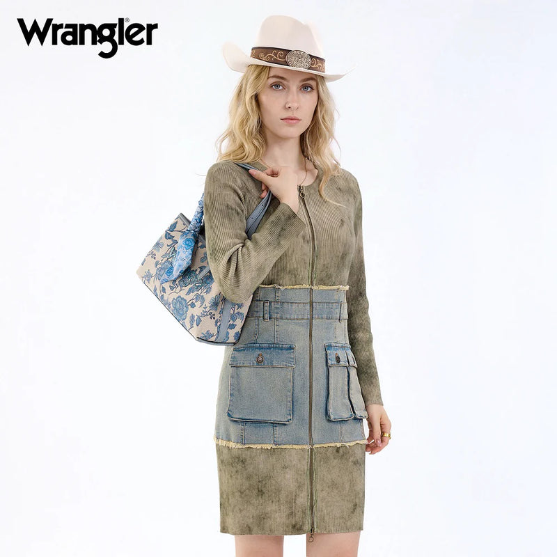 Load image into Gallery viewer, WG510-8130JN - Wrangler Floral Printed Braided Scarf Crossbody Bag - Jean
