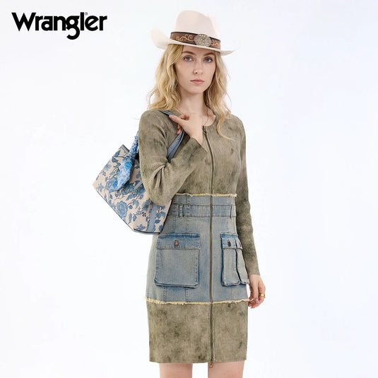 WG510-8130JN - Wrangler Floral Printed Braided Scarf Crossbody Bag - Jean