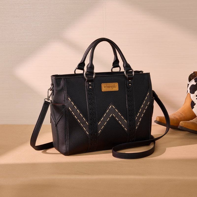 Load image into Gallery viewer, WG519-8300-1BK - Wrangler Western Stitch &amp; Embossed Chevron Satchel Tote Bag - Black
