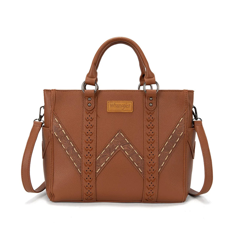Load image into Gallery viewer, WG519-8300-1BR - Wrangler Western Stitch &amp; Embossed Chevron Satchel Tote Bag - Brown
