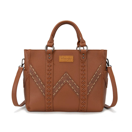 WG519-8300-1BR - Wrangler Western Stitch & Embossed Chevron Satchel Tote Bag - Brown