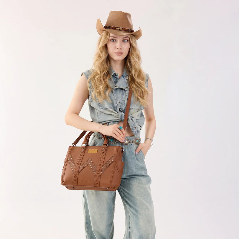 Load image into Gallery viewer, WG519-8300-1BR - Wrangler Western Stitch &amp; Embossed Chevron Satchel Tote Bag - Brown
