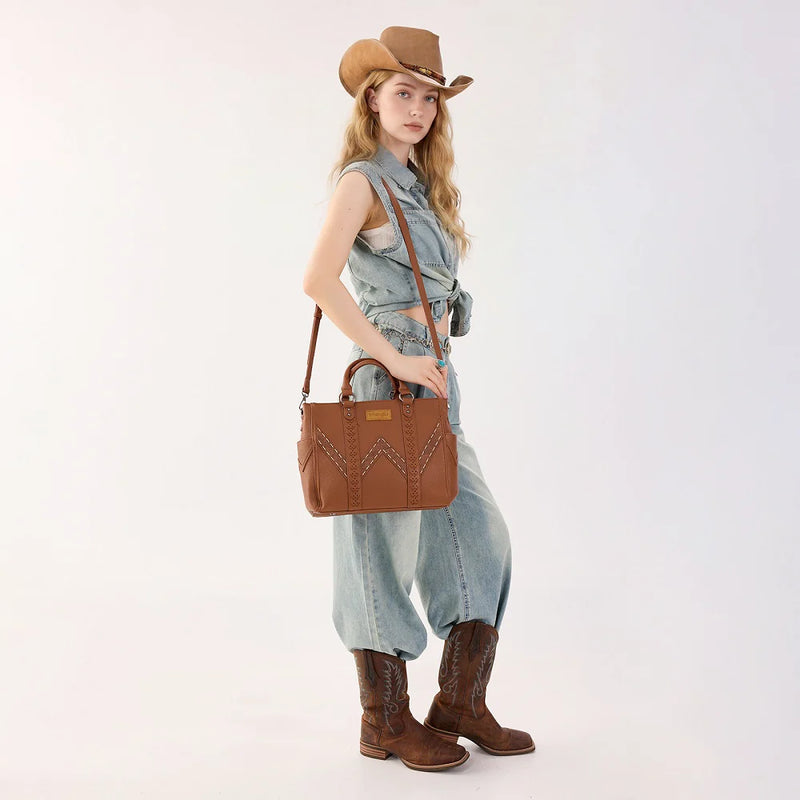 Load image into Gallery viewer, WG519-8300-1BR - Wrangler Western Stitch &amp; Embossed Chevron Satchel Tote Bag - Brown
