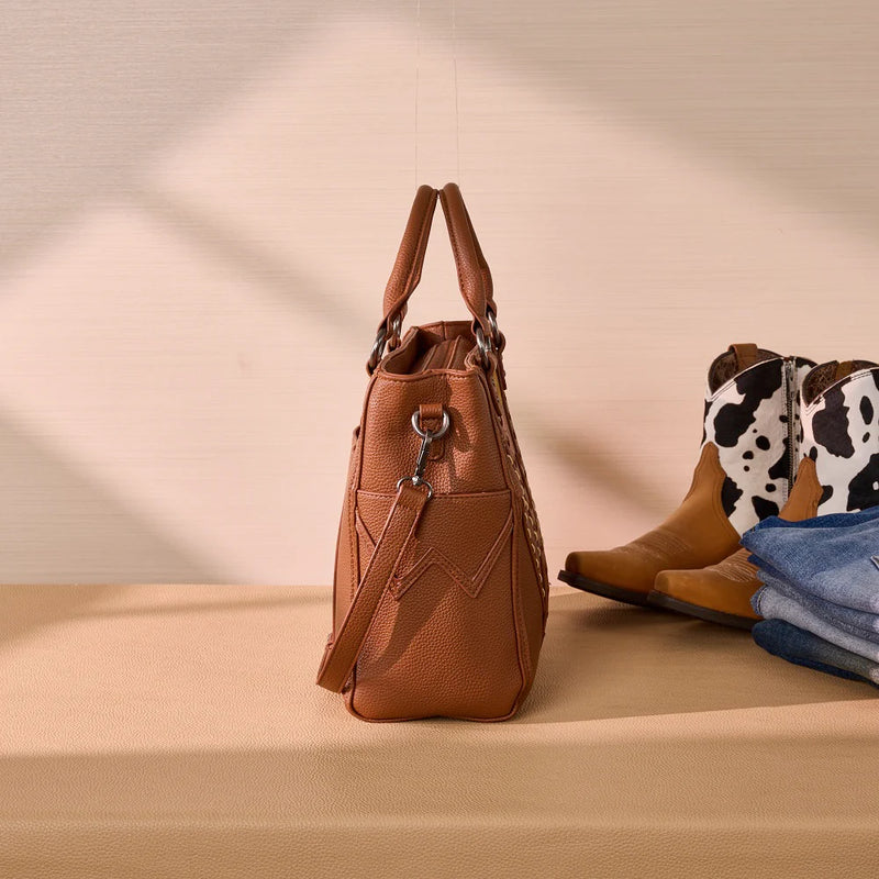 Load image into Gallery viewer, WG519-8300-1BR - Wrangler Western Stitch &amp; Embossed Chevron Satchel Tote Bag - Brown
