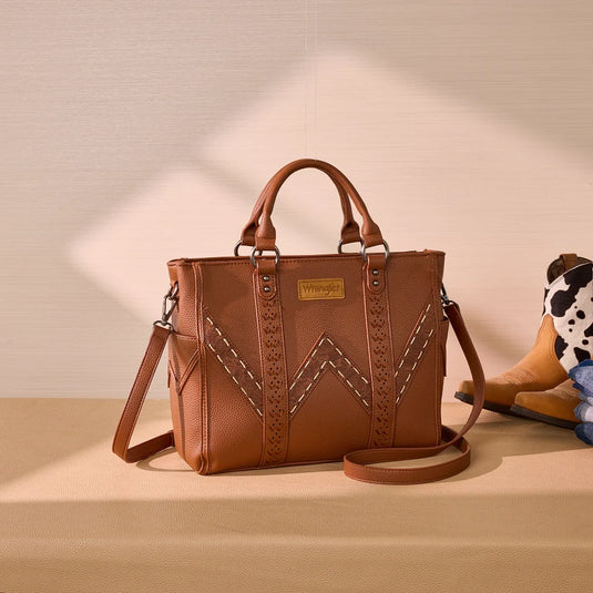 WG519-8300-1BR - Wrangler Western Stitch & Embossed Chevron Satchel Tote Bag - Brown