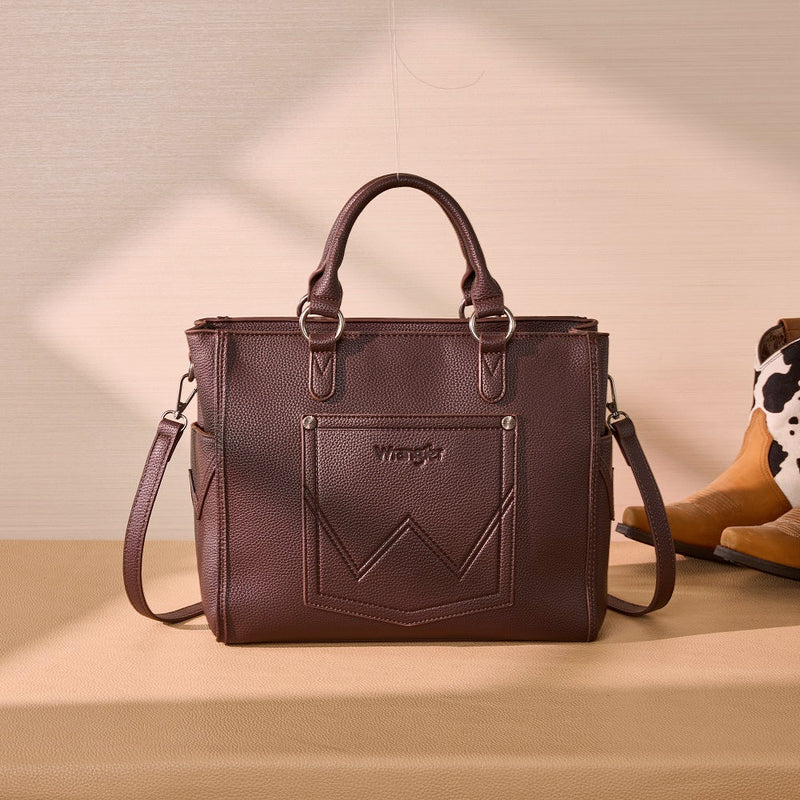Load image into Gallery viewer, WG519-8300-1CF - Wrangler Western Stitch &amp; Embossed Chevron Satchel Tote Bag - Coffee
