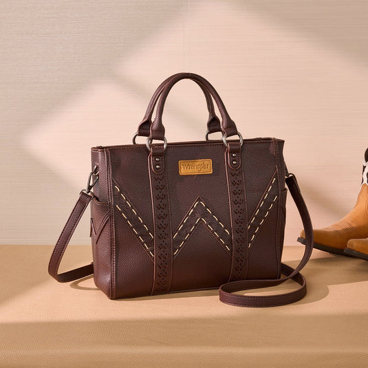WG519-8300-1CF - Wrangler Western Stitch & Embossed Chevron Satchel Tote Bag - Coffee
