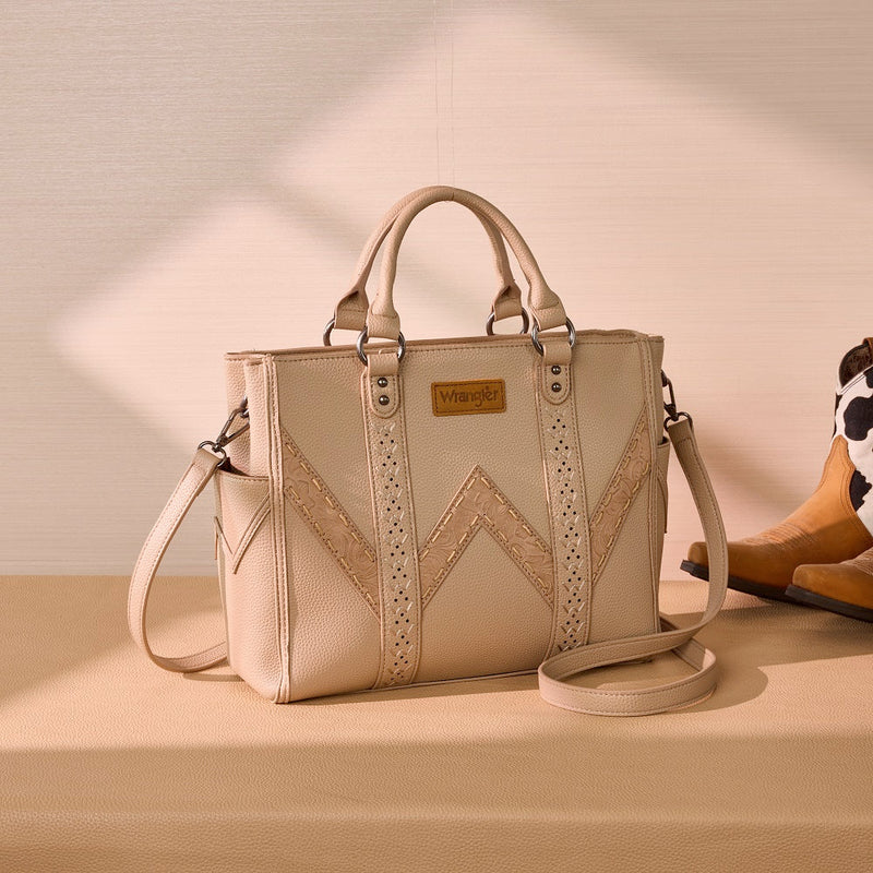 Load image into Gallery viewer, WG519-8300-1TN - Wrangler Western Stitch &amp; Embossed Chevron Satchel Tote Bag - Tan

