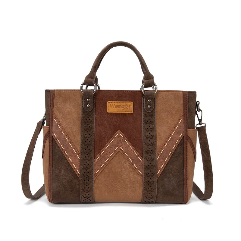 Load image into Gallery viewer, WG519-8300BR - Wrangler Western Color-Block Chevron Stitch Satchel Tote Bag - Brown

