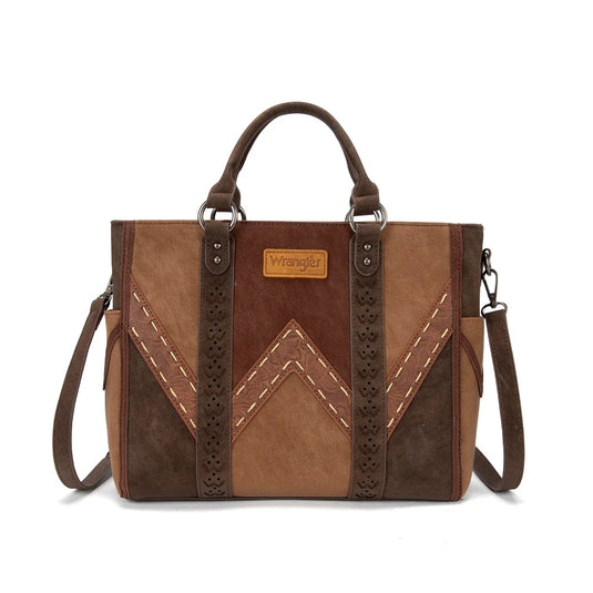 WG519-8300BR - Wrangler Western Color-Block Chevron Stitch Satchel Tote Bag - Brown