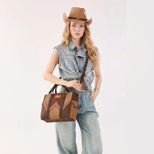 WG519-8300BR - Wrangler Western Color-Block Chevron Stitch Satchel Tote Bag - Brown