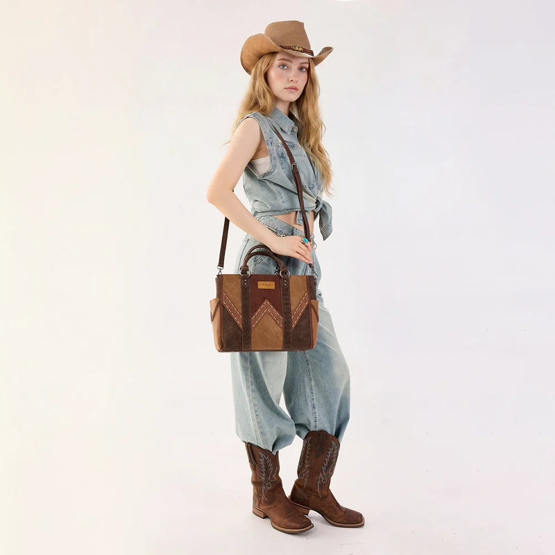 Load image into Gallery viewer, WG519-8300BR - Wrangler Western Color-Block Chevron Stitch Satchel Tote Bag - Brown
