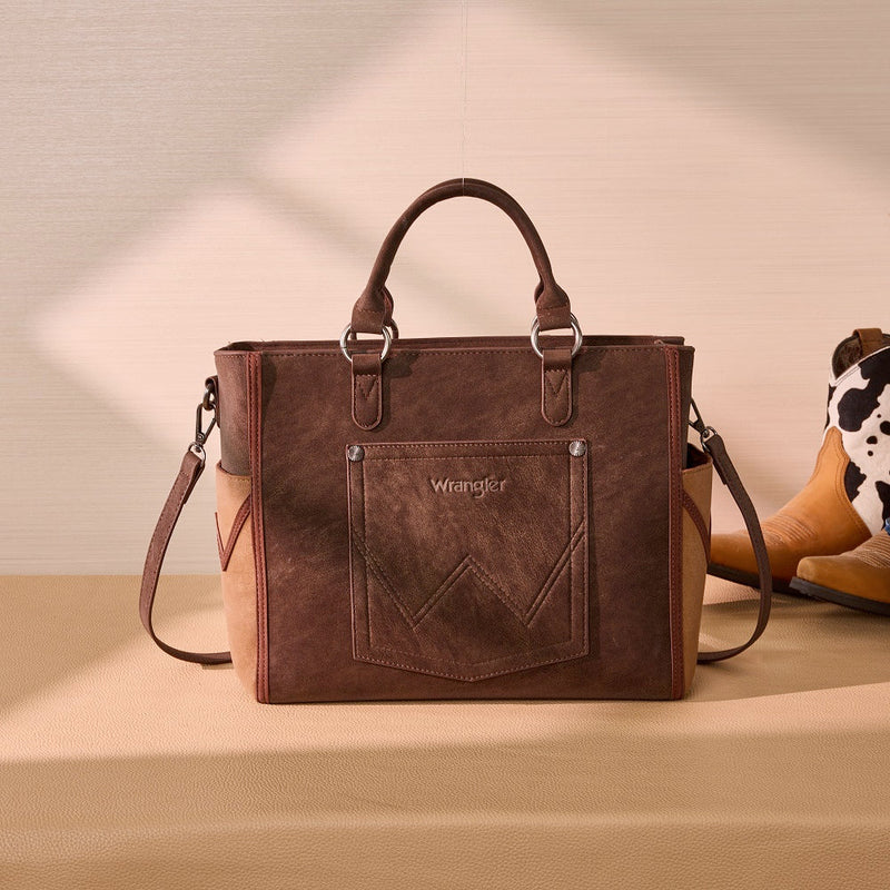 Load image into Gallery viewer, WG519-8300BR - Wrangler Western Color-Block Chevron Stitch Satchel Tote Bag - Brown
