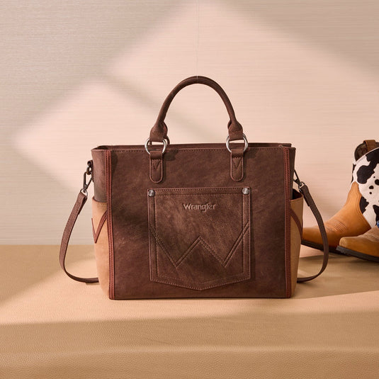 WG519-8300BR - Wrangler Western Color-Block Chevron Stitch Satchel Tote Bag - Brown