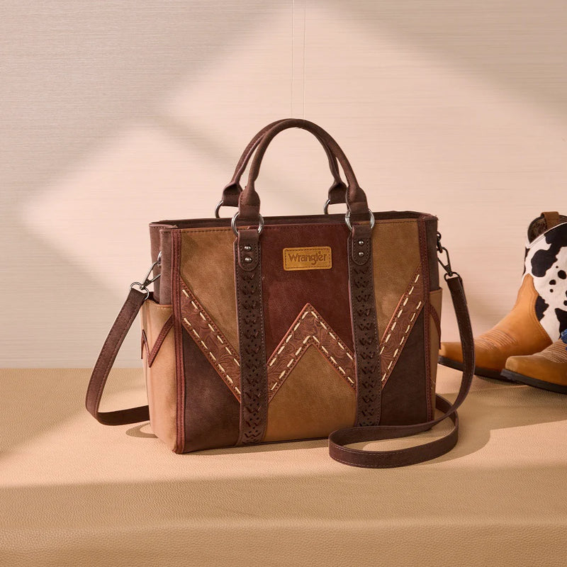 Load image into Gallery viewer, WG519-8300BR - Wrangler Western Color-Block Chevron Stitch Satchel Tote Bag - Brown
