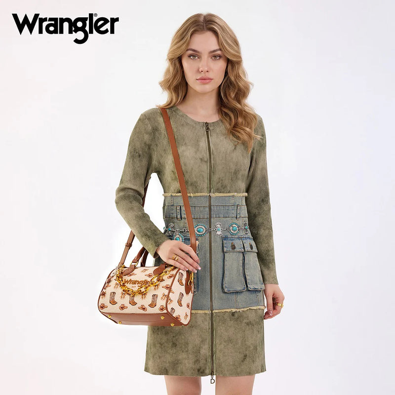 Load image into Gallery viewer, WG524-51102TN - Wrangler Western Print Cowgirl Boston Bag - Tan
