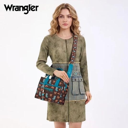 WG-HB-524-8120S-CF - Wrangler Western Print Cowgirl Tote Bag/Crossbody - Coffee
