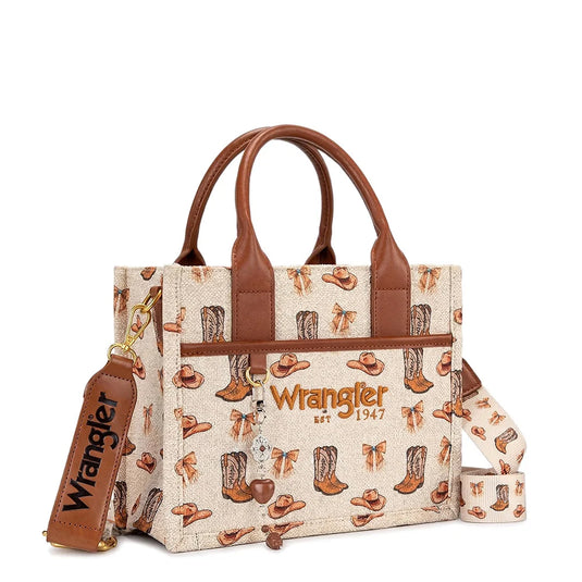 WG-HB-524-8120STN - Wrangler Western Print Cowgirl Tote Bag/Crossbody - Tan