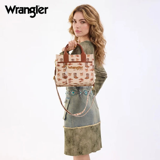 WG-HB-524-8120STN - Wrangler Western Print Cowgirl Tote Bag/Crossbody - Tan