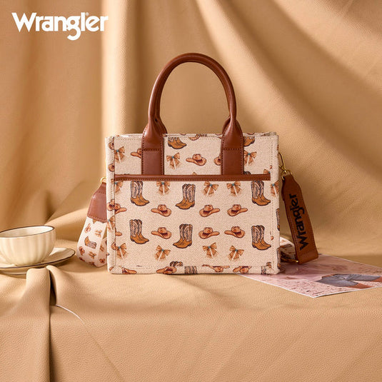 WG-HB-524-8120STN - Wrangler Western Print Cowgirl Tote Bag/Crossbody - Tan