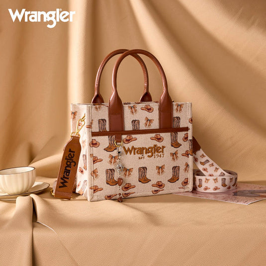 WG-HB-524-8120STN - Wrangler Western Print Cowgirl Tote Bag/Crossbody - Tan