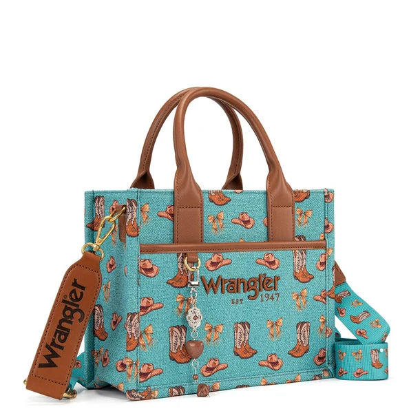 Load image into Gallery viewer, WG-HB-524-8120S-TQ - Wrangler Western Print Cowgirl Tote Bag/Crossbody - Turquoise
