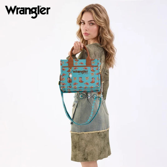 WG-HB-524-8120S-TQ - Wrangler Western Print Cowgirl Tote Bag/Crossbody - Turquoise