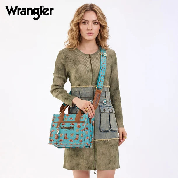 Load image into Gallery viewer, WG-HB-524-8120S-TQ - Wrangler Western Print Cowgirl Tote Bag/Crossbody - Turquoise
