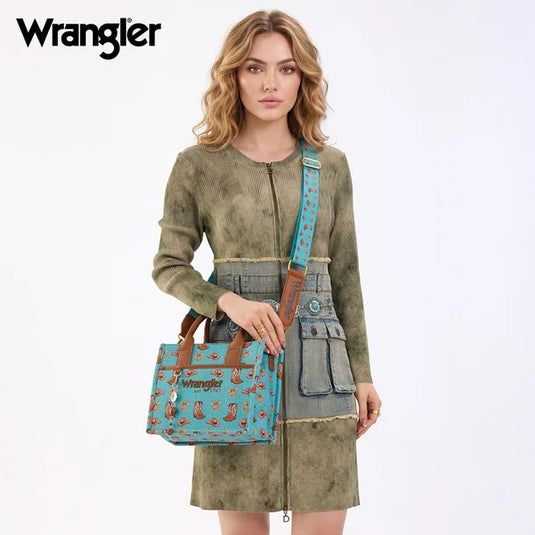 WG-HB-524-8120S-TQ - Wrangler Western Print Cowgirl Tote Bag/Crossbody - Turquoise