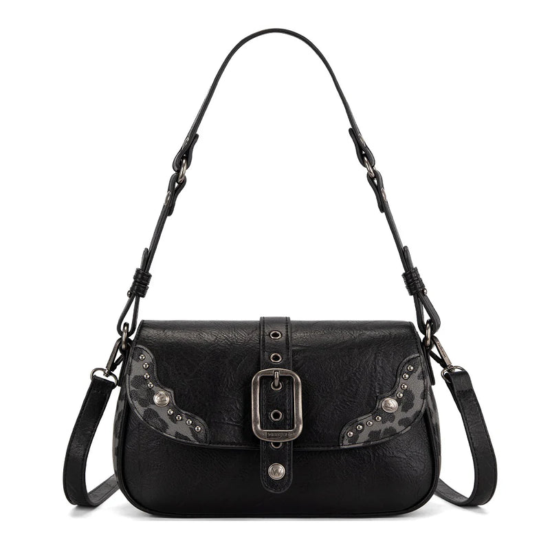 Load image into Gallery viewer, WG528-2003BK - Wrangler Western Buckle Studded Shoulder Crossbody Bag - Black
