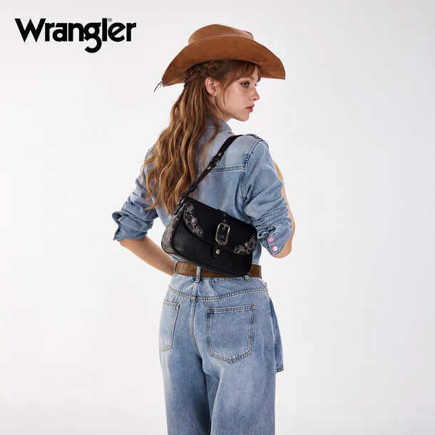 Load image into Gallery viewer, WG528-2003BK - Wrangler Western Buckle Studded Shoulder Crossbody Bag - Black

