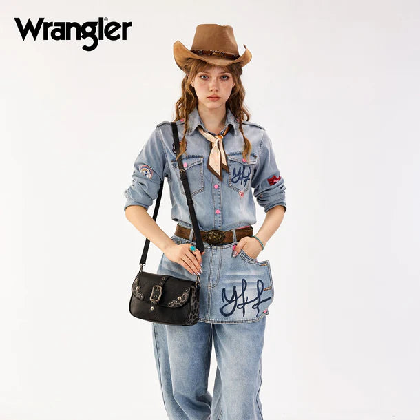 Load image into Gallery viewer, WG528-2003BK - Wrangler Western Buckle Studded Shoulder Crossbody Bag - Black
