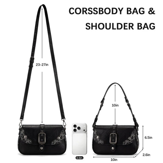 WG528-2003BK - Wrangler Western Buckle Studded Shoulder Crossbody Bag - Black