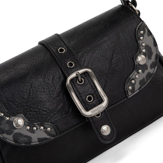 WG528-2003BK - Wrangler Western Buckle Studded Shoulder Crossbody Bag - Black
