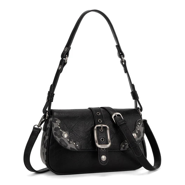 Load image into Gallery viewer, WG528-2003BK - Wrangler Western Buckle Studded Shoulder Crossbody Bag - Black
